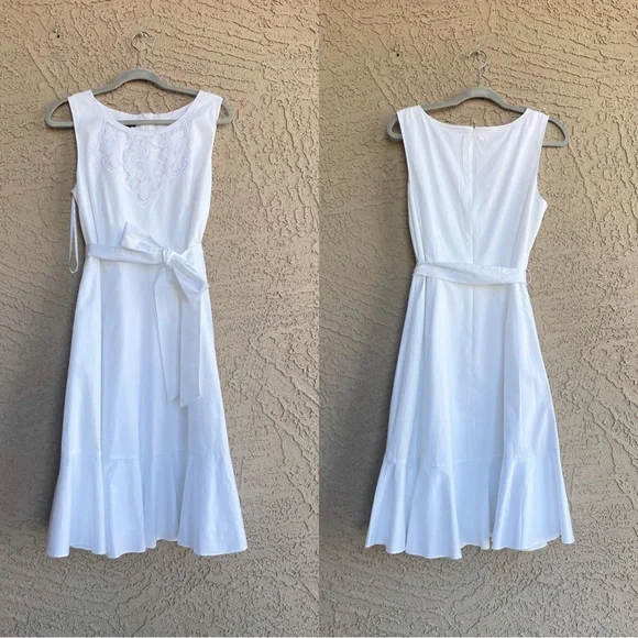 TALBOTS White Embroidered Sateen Fit & Flare Tie Belted Midi Dress Sz 12 - Picture 2 of 14